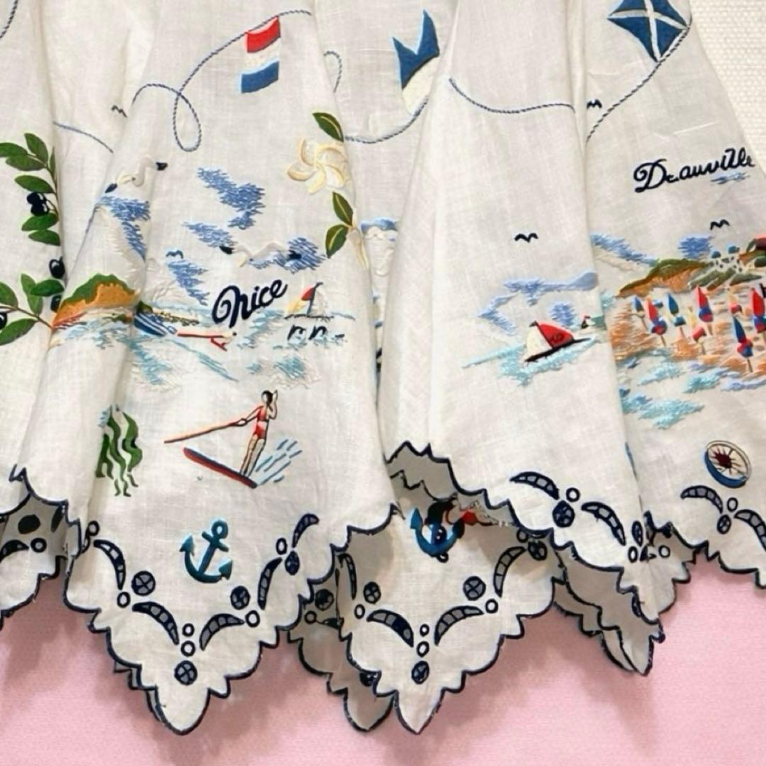 ケイタマルヤマ 刺繍 フレアスカート リネン バカンス リゾート 海 スカラップ