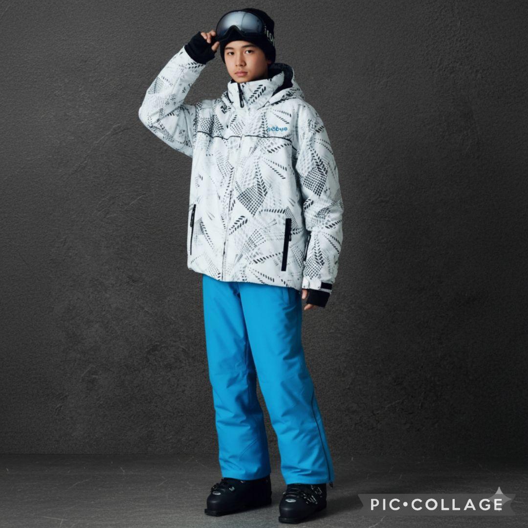 【美品】mobus　スキーウェア スノボ上下160　白×ブルー　幾何学　男女兼用