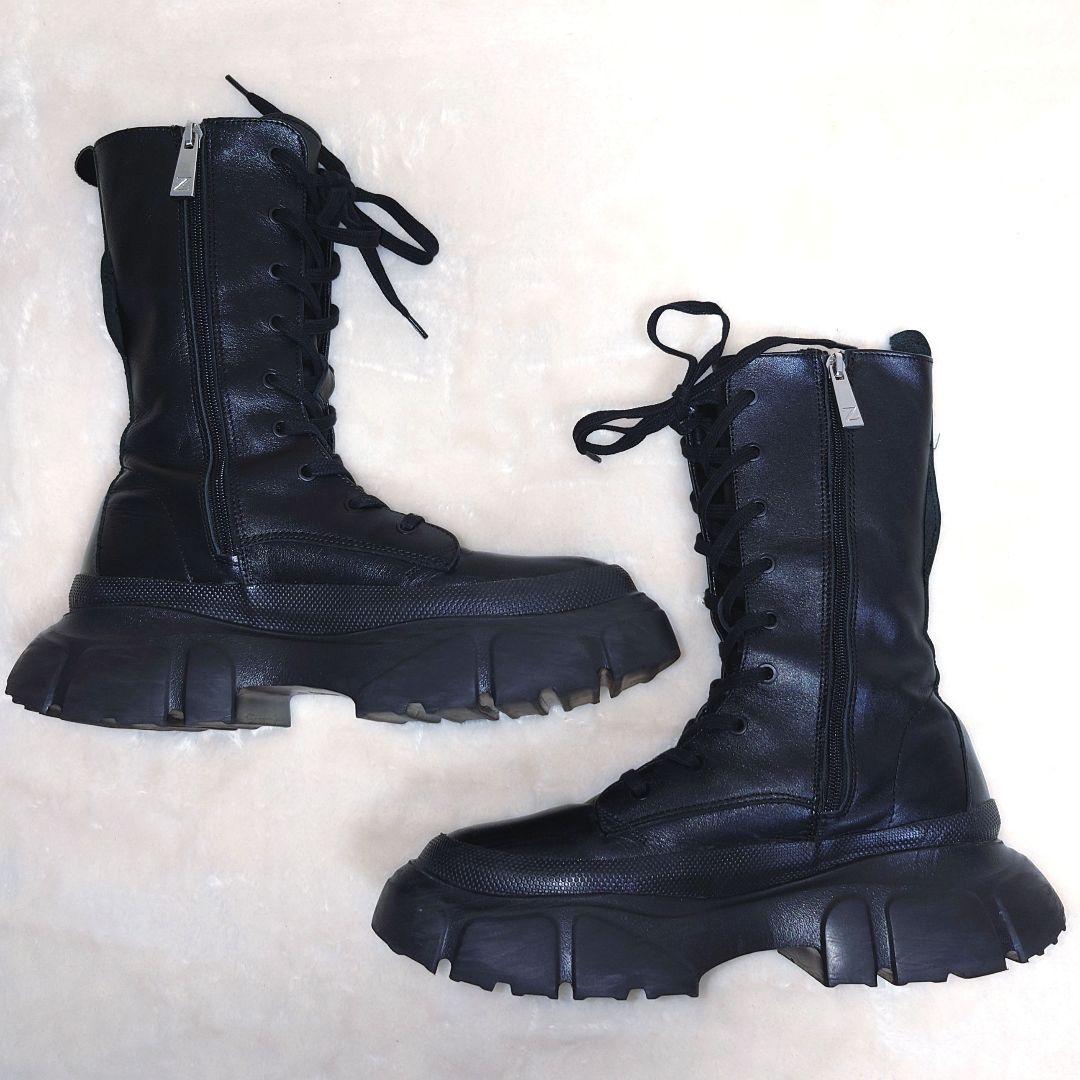 【美品】ザラ ZARA レースアップブーツ トラックソール レザー 本革 黒