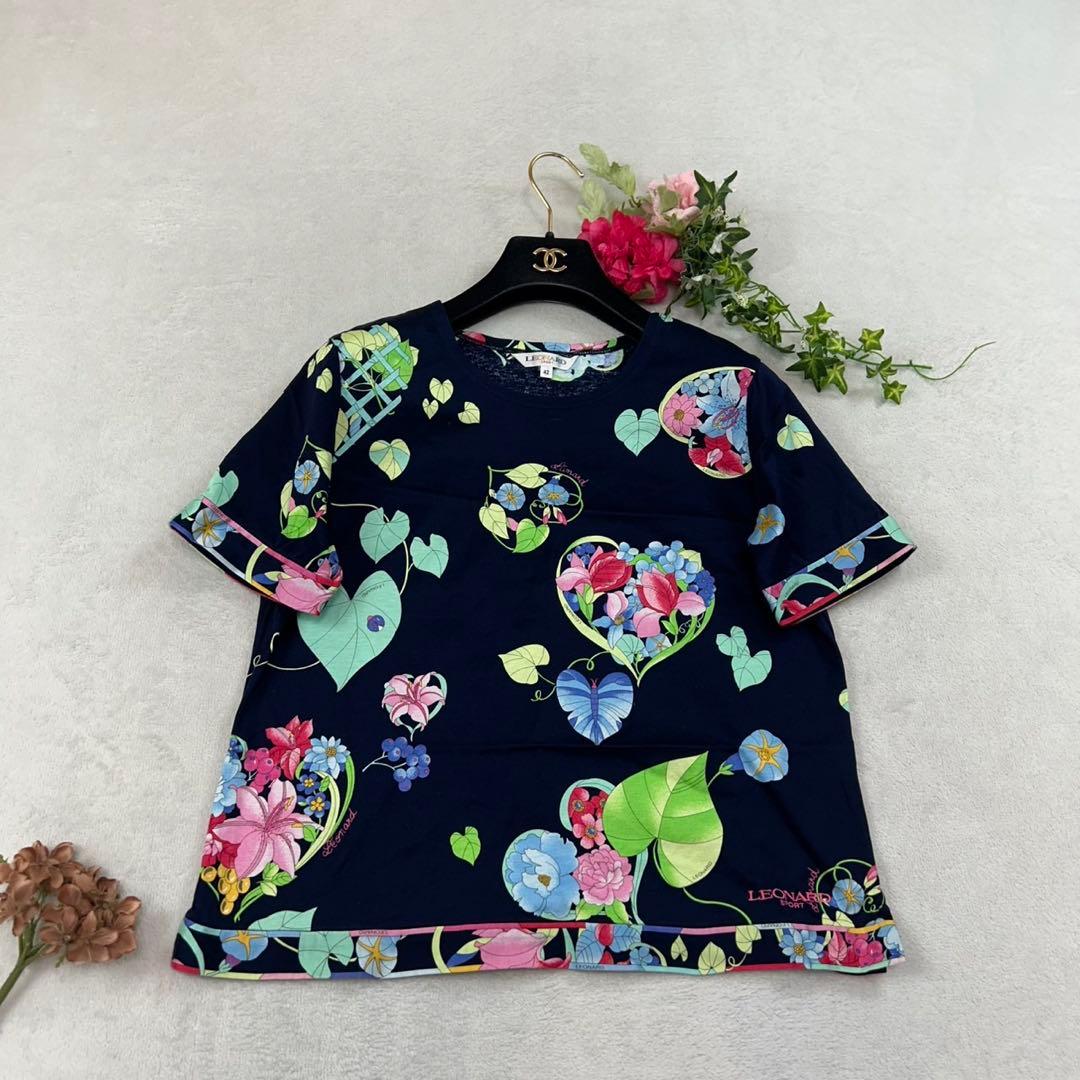 K825 新品未使用 L レオナール ロゴ刺繍 カットソー ネイビー レディース