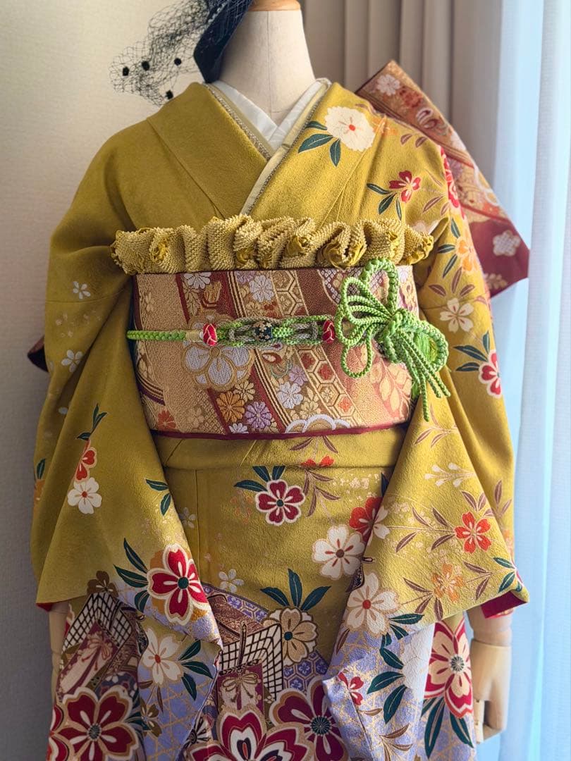 花柄 黄緑色 振袖 着物フルセット