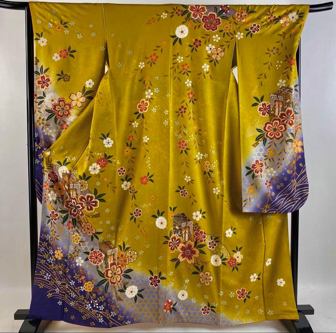 花柄 黄緑色 振袖 着物フルセット
