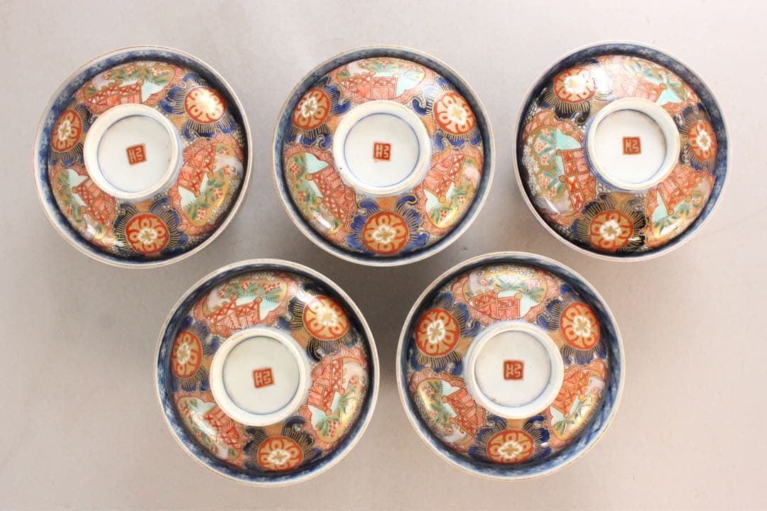 No5234 古伊万里　染錦金襴手　蓋付碗5客　直径12cm 陶磁器　送料無料