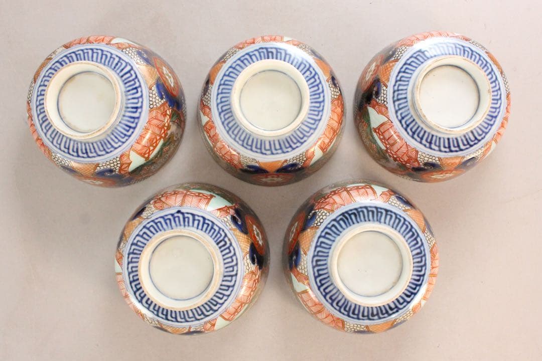 No5234 古伊万里　染錦金襴手　蓋付碗5客　直径12cm 陶磁器　送料無料