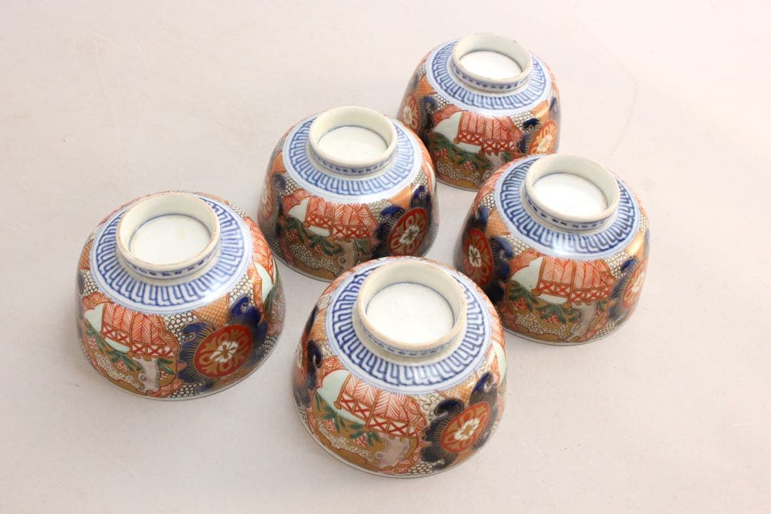 No5234 古伊万里　染錦金襴手　蓋付碗5客　直径12cm 陶磁器　送料無料