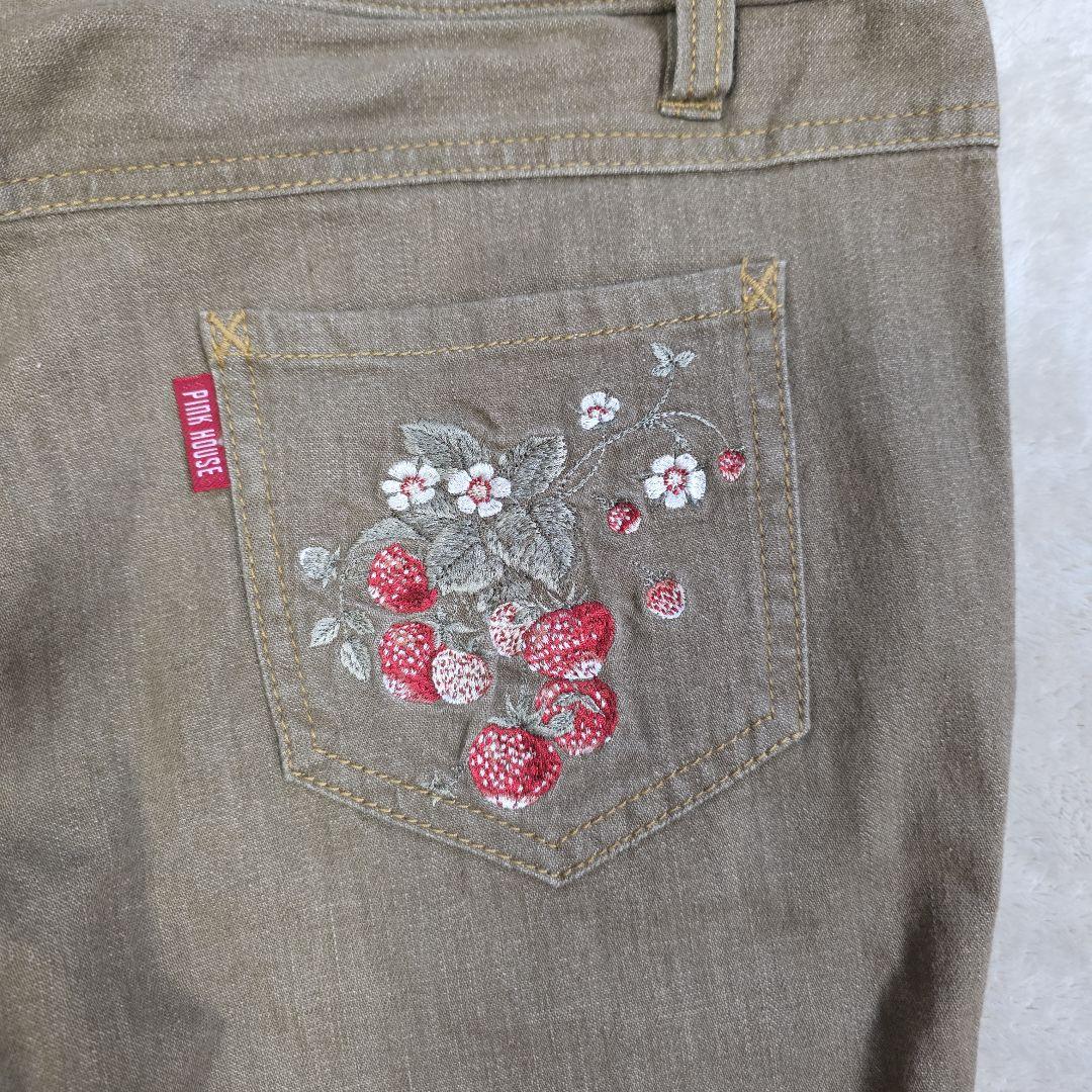 PINK HOUSE ピンクハウス 苺刺繍＆裾レース クロップドデニムパンツ L