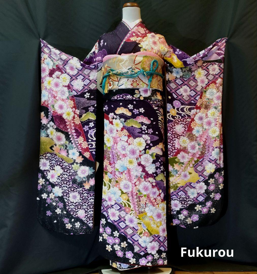 【お手続き中】逸品　濃紫　絞り　辻が花　振袖　　袋帯　その他セット