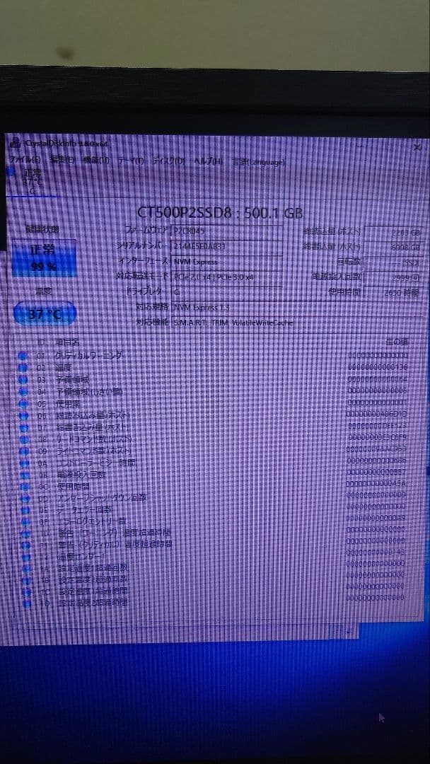 Crucial P2 M.2 2280 500GB SSD 使用2650時間