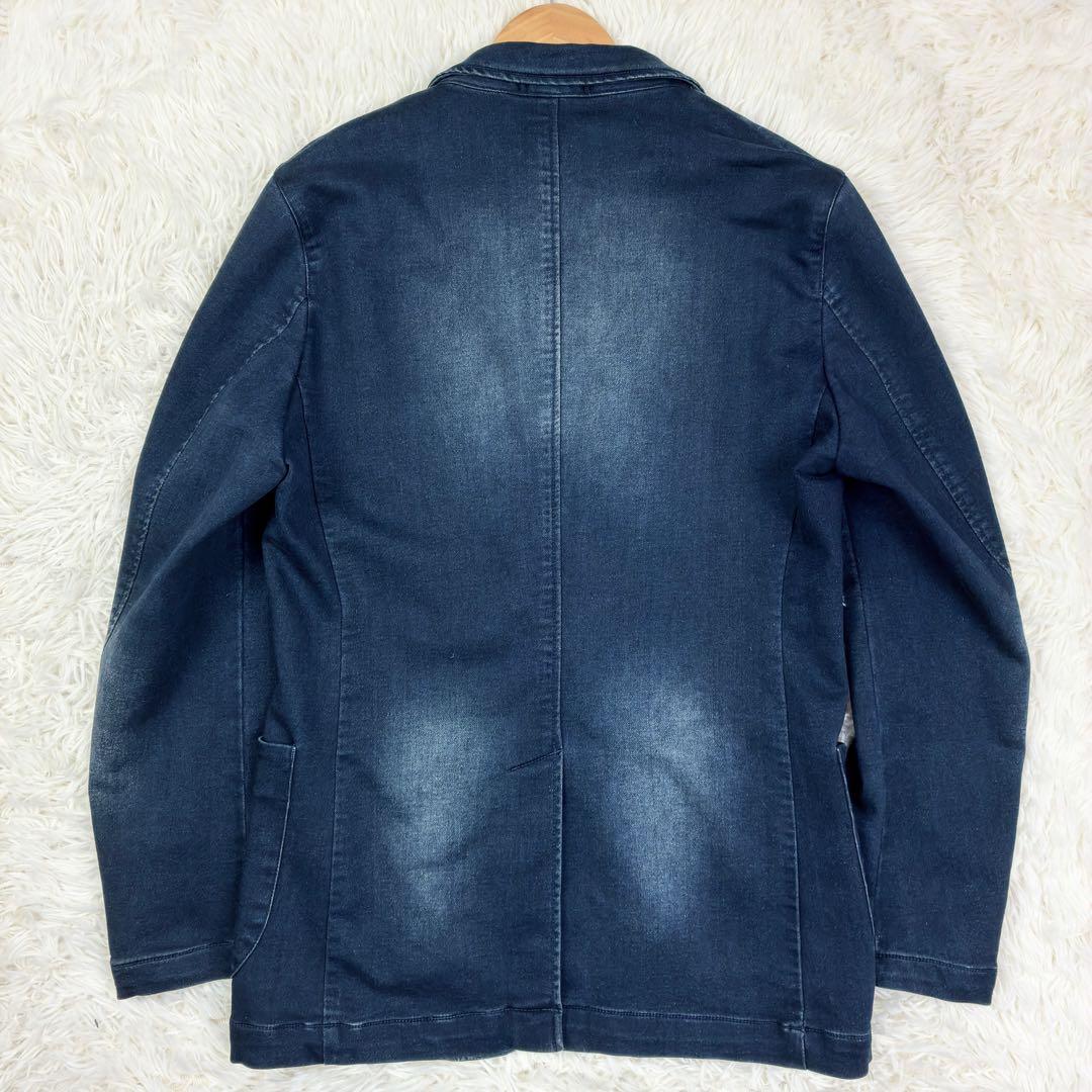 美品　ネイビー　ユーズド加工　スウェットデニム　アンコンジャケット　L