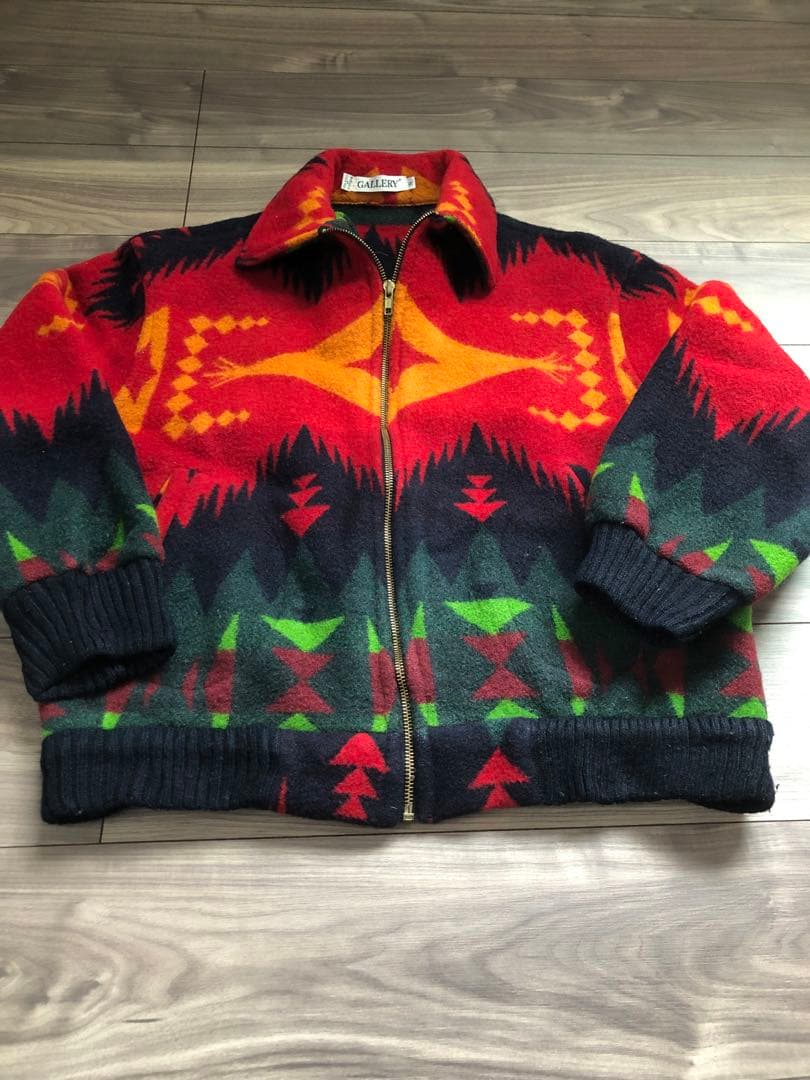 ネイティブ柄ジップジャケット　ウール　総柄　ショート丈