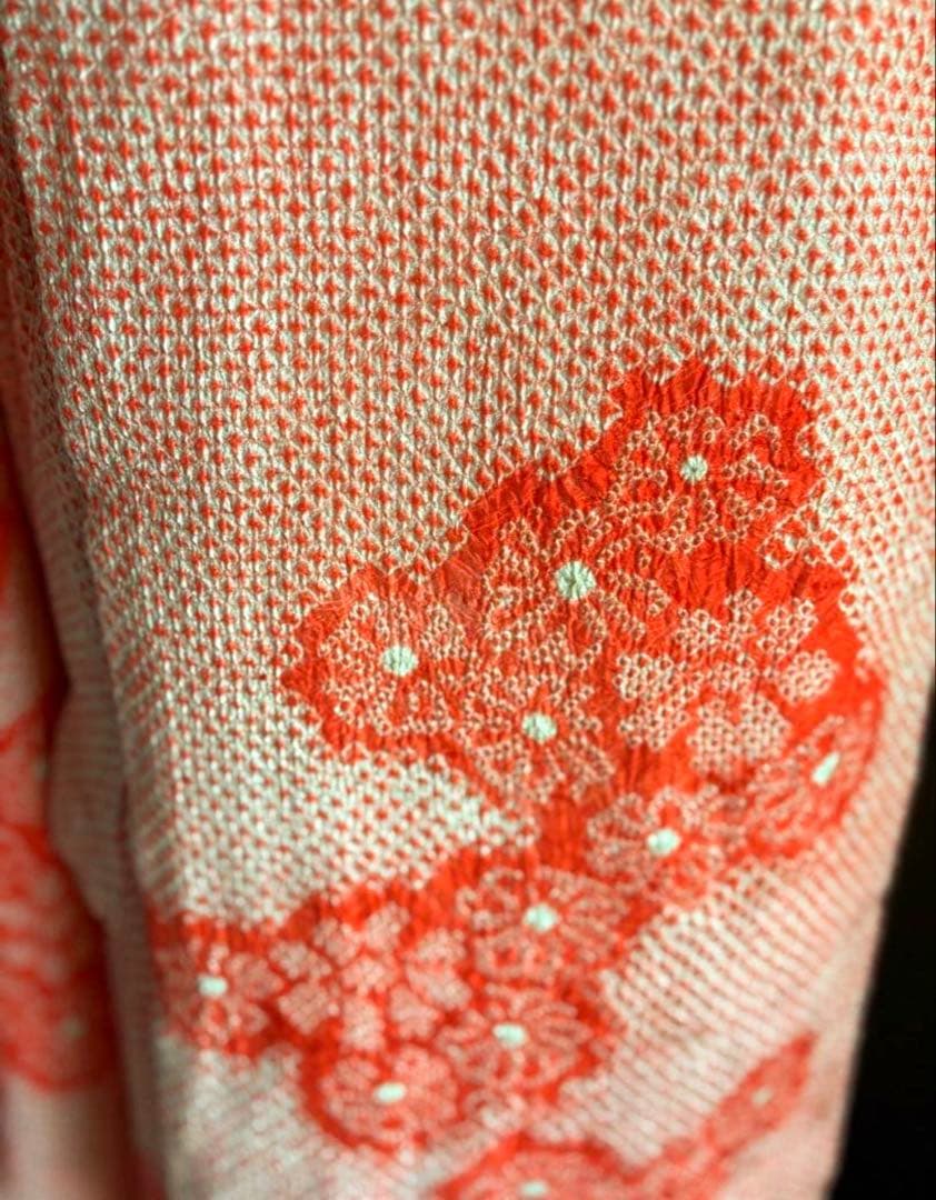 正絹　総絞り　振袖　三越　中振袖　オレンジ　手絞り　レトロ　訳あり　着物リメイク