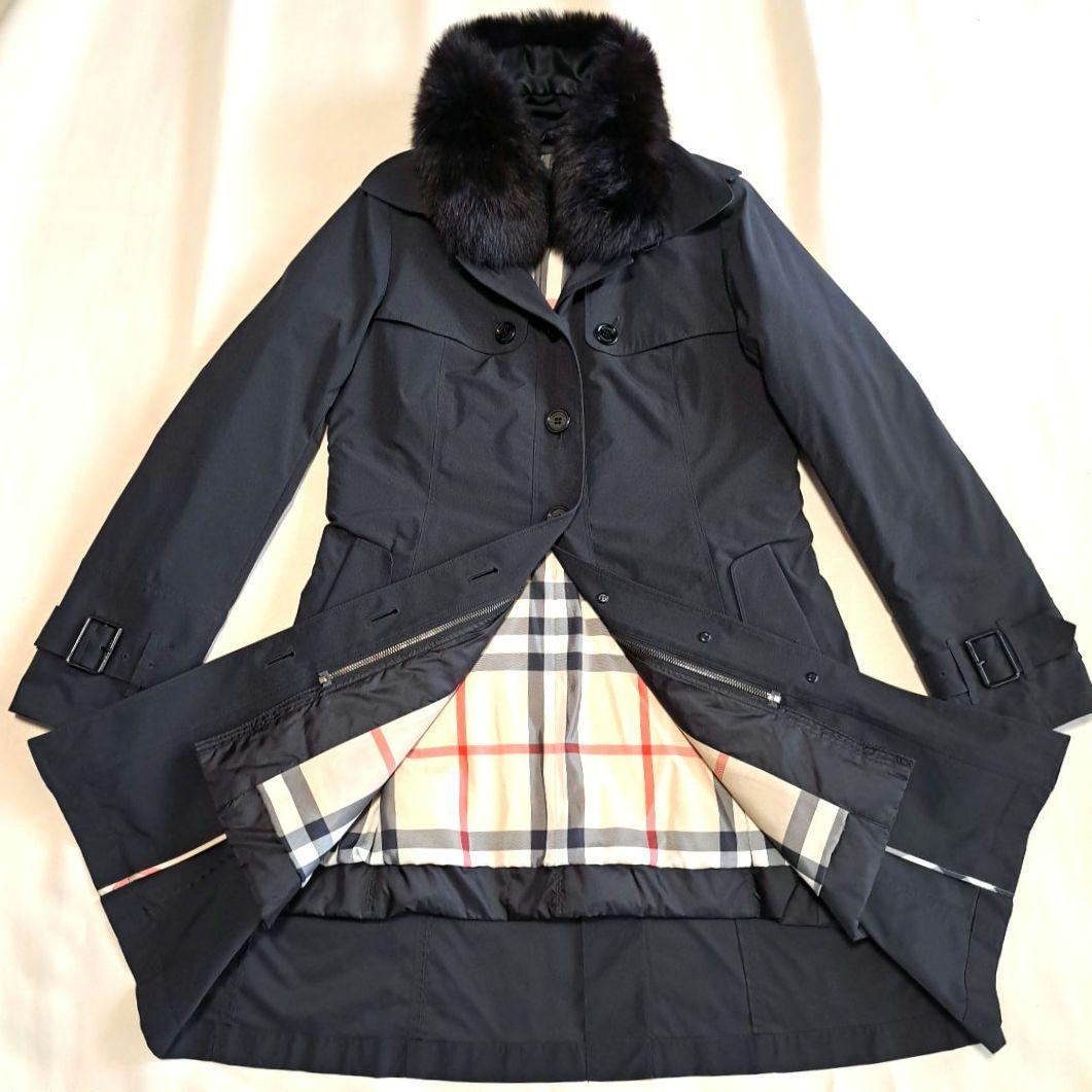BURBERRY LONDONトレンチコートブラック ファー付きメガチェックM