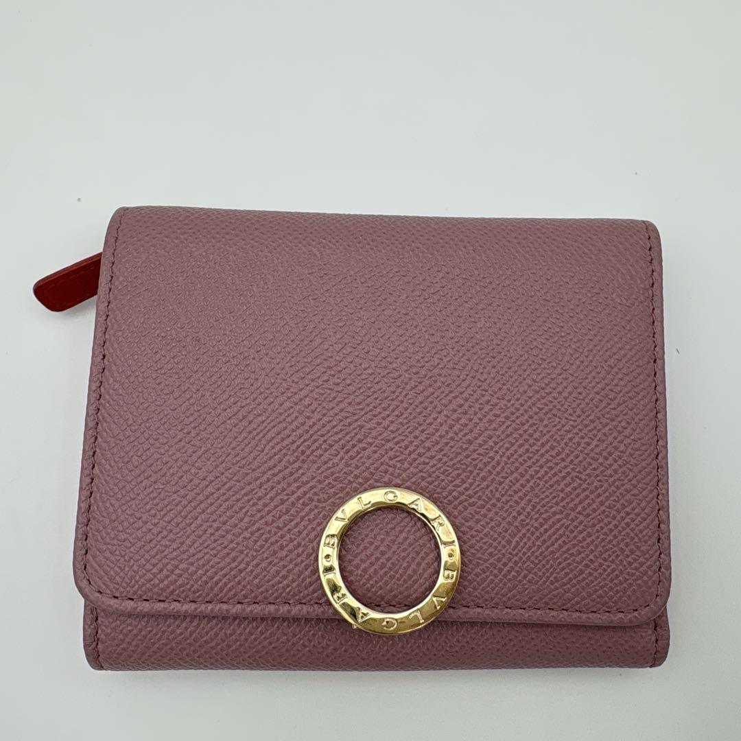 BVLGARI ブルガリ ピンクレザー三つ折り財布　裏地赤　箱・品質証明書付き