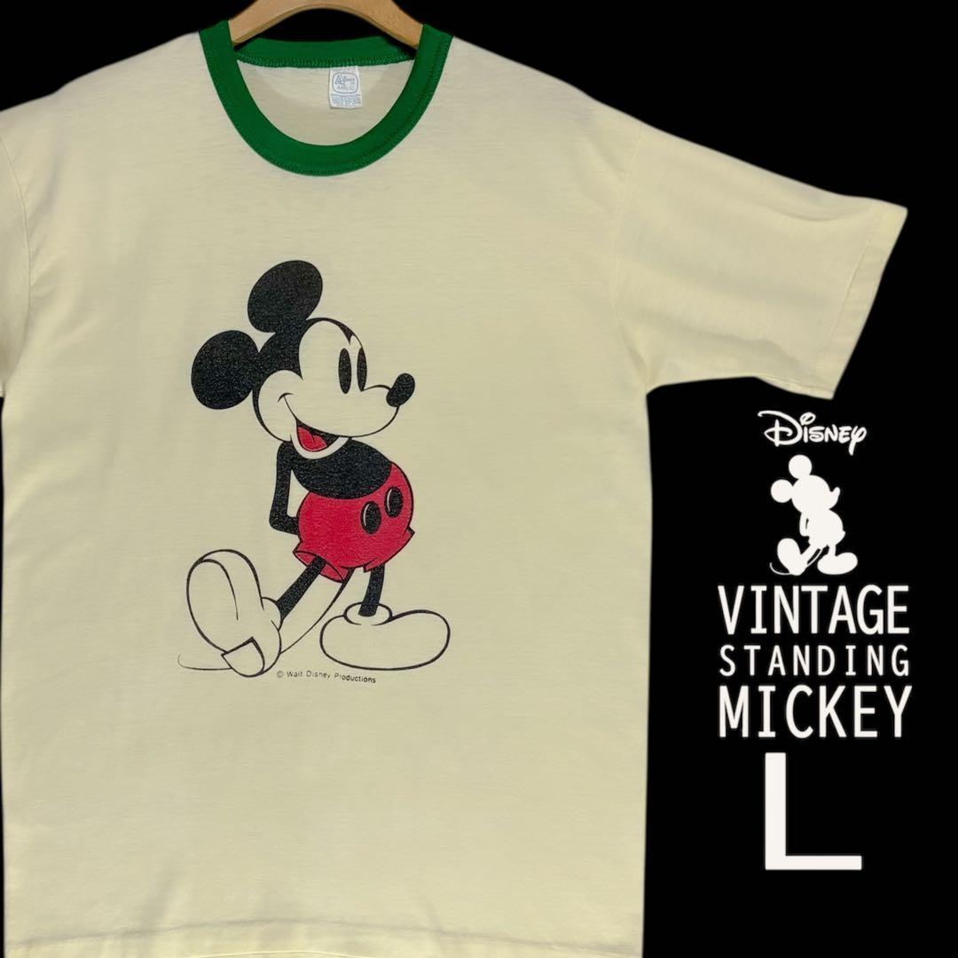 り*ん様 美品 70s Disney バターカラー 白足ミッキー リンガーT ア
