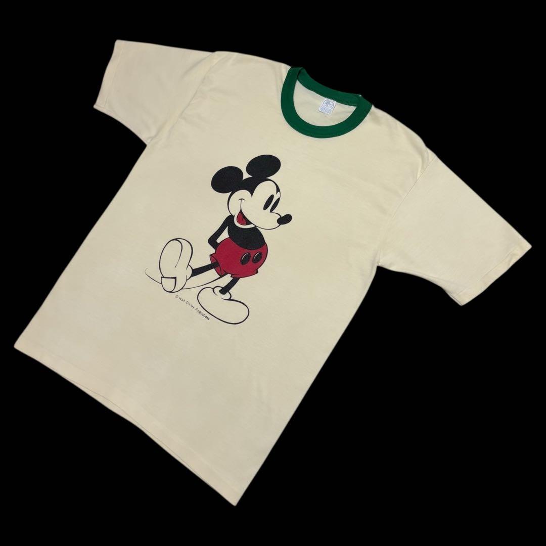 り*ん様 美品 70s Disney バターカラー 白足ミッキー リンガーT ア