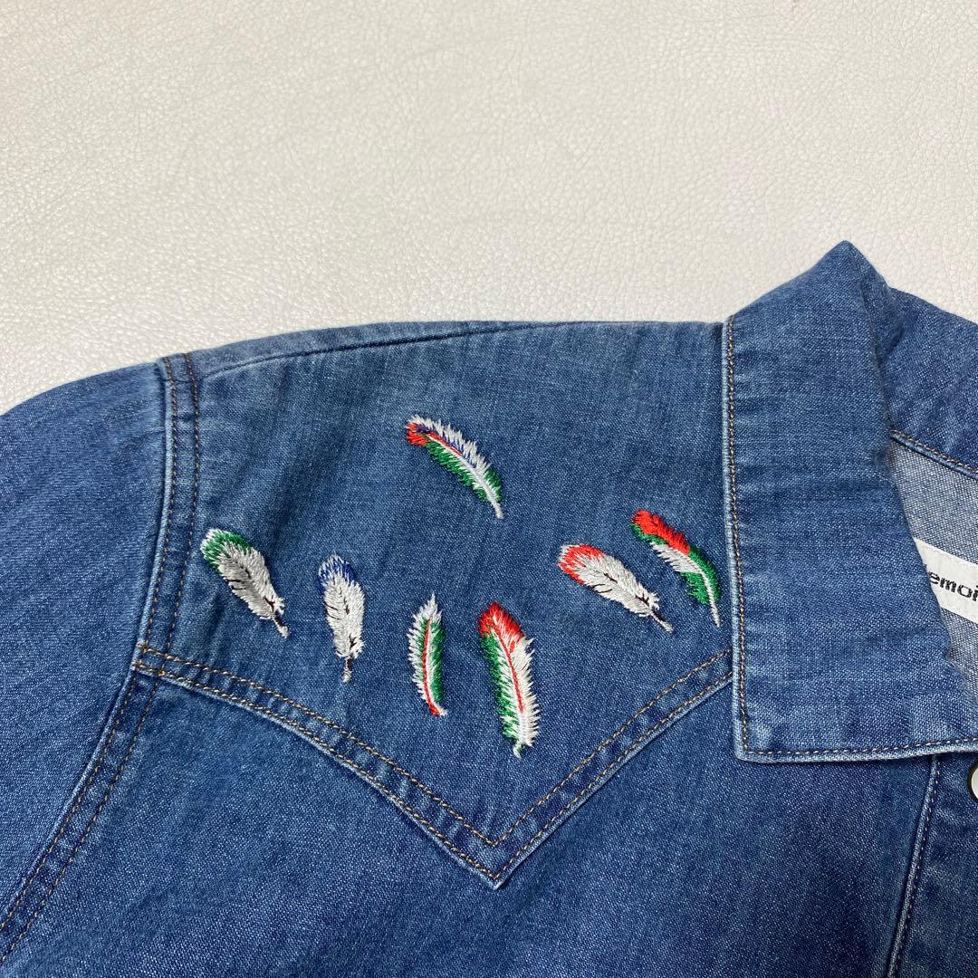 マドモアゼルノンノン フェザー刺繍 ハーフボタン デニムシャツワンピース