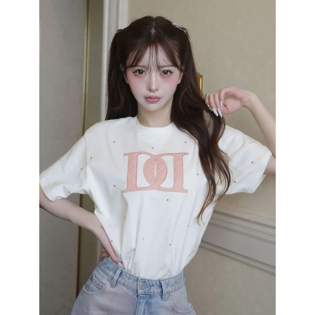 新品タグ付 ホワイト ダーリッチ キルティングアップリケビジューTシャツ フリー