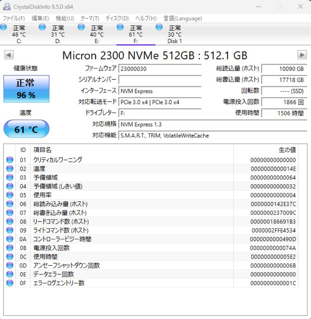 Micron M.2 2280 NVMe SSD 512GB 動作確認済み