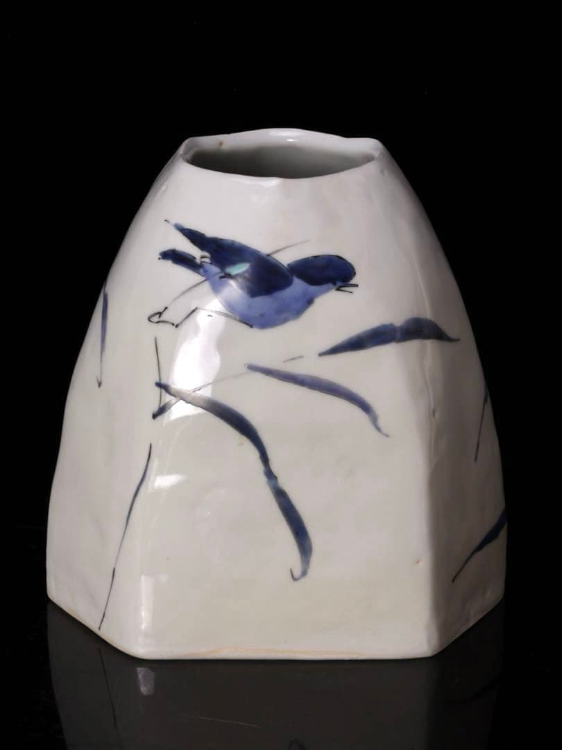 九谷焼陶芸作家 佐藤亮作『色絵 花器』 共箱付 鳥草文 花瓶 花入 在銘 作家物
