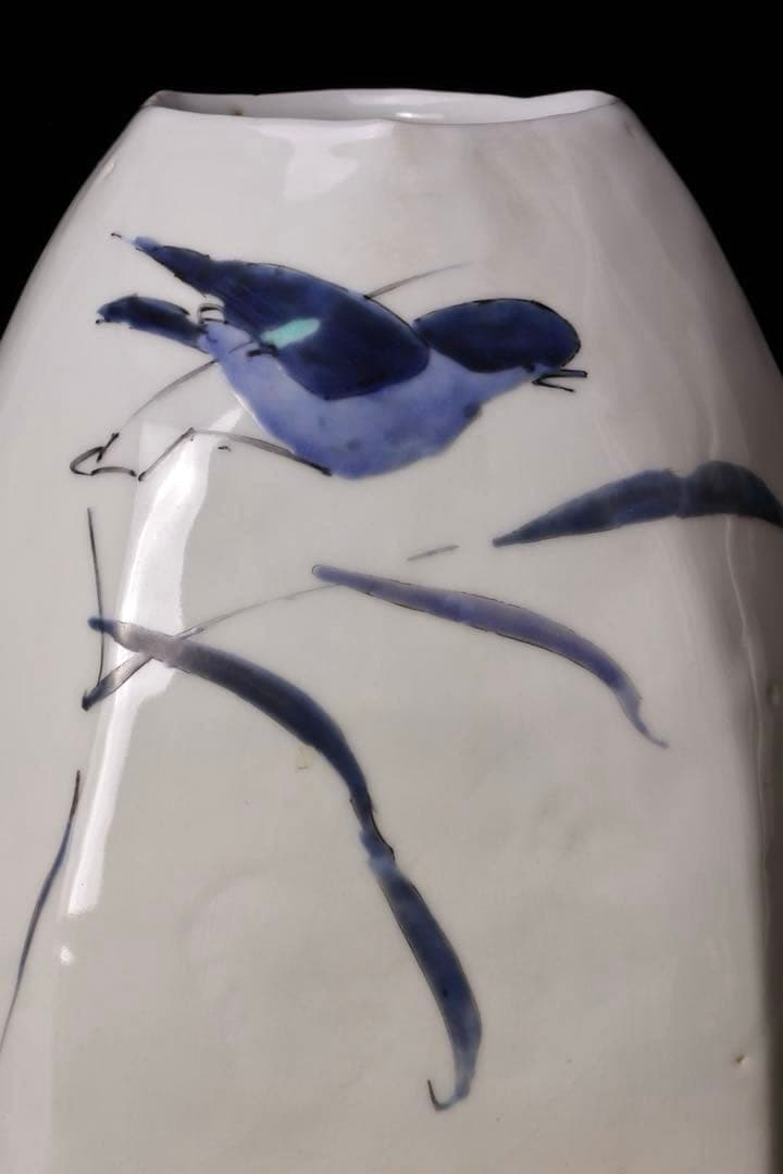 九谷焼陶芸作家 佐藤亮作『色絵 花器』 共箱付 鳥草文 花瓶 花入 在銘 作家物