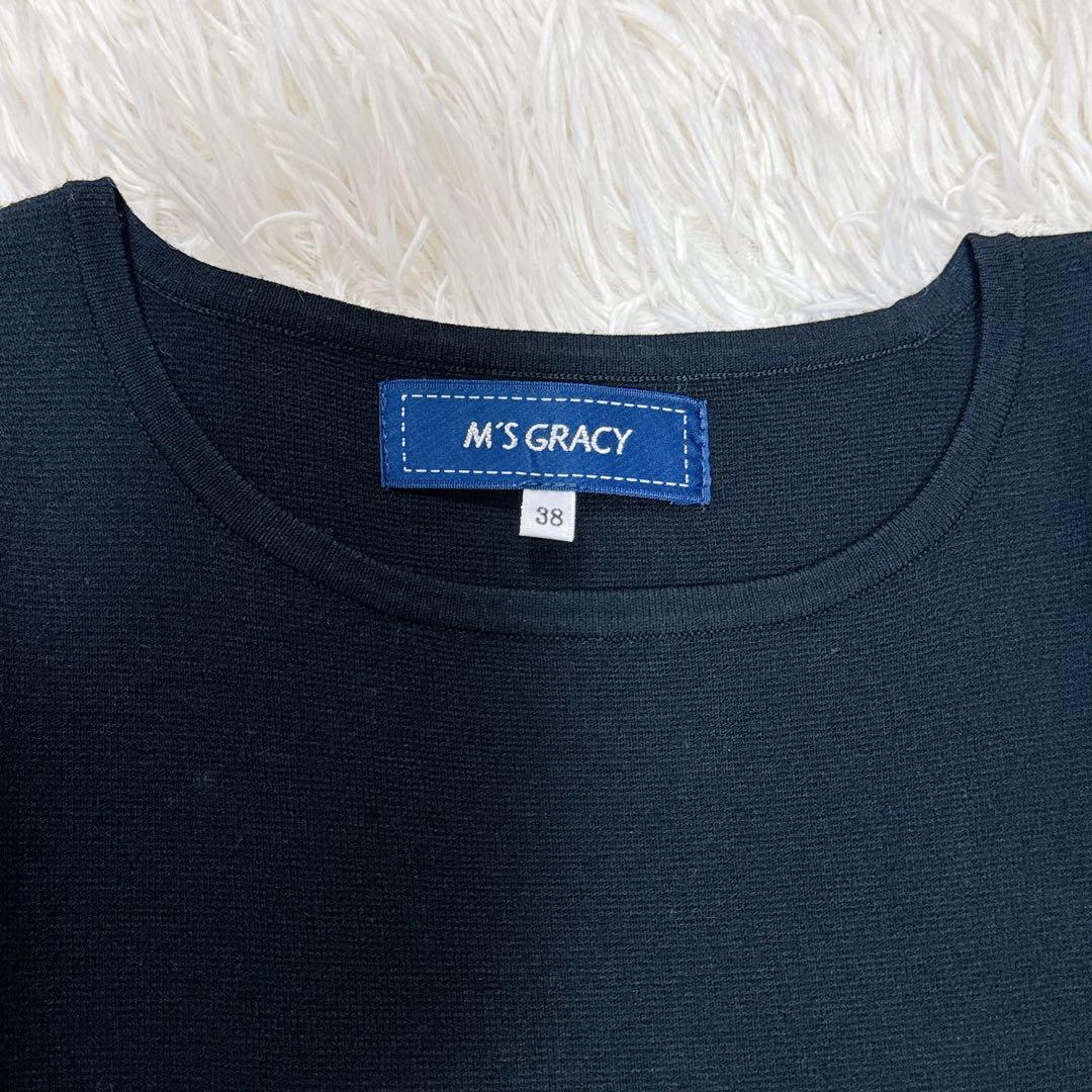 良品　M'S GRACY　ニットワンピース　リボン　花柄　黒　38 切替デザイン