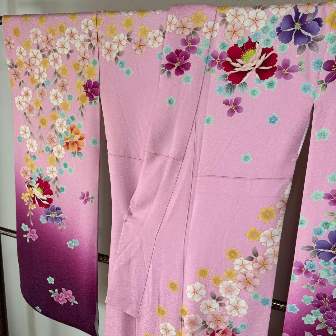 超美品　現代　振袖　成人式　着物　172裄68　ピンク　赤紫　花柄　ラメ　桜
