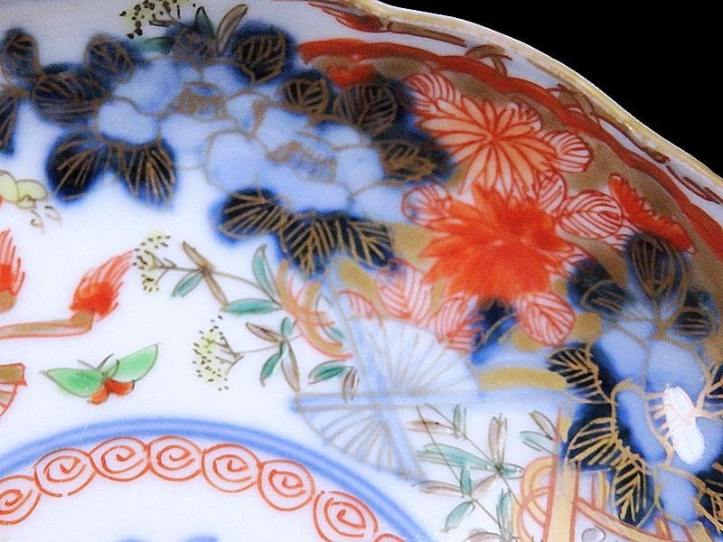 古伊万里　金襴手　椿に菊　花に扇の図　４寸皿　B273AS-fbur