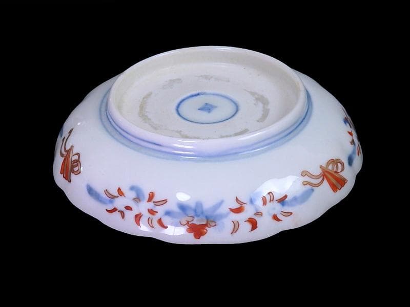古伊万里　金襴手　椿に菊　花に扇の図　４寸皿　B273AS-fbur