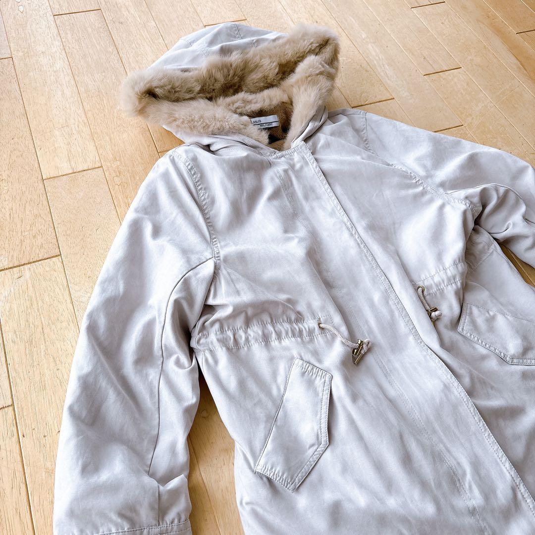 LASUD MILITARY ファーフーデット モッズロングコートラビットファー