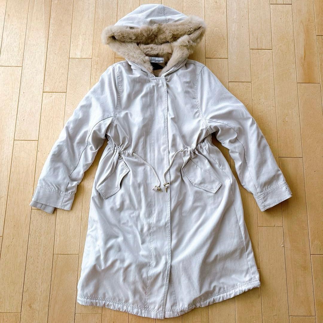 LASUD MILITARY ファーフーデット モッズロングコートラビットファー