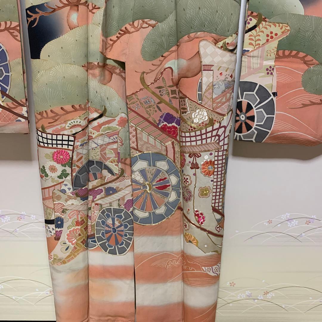 13★振袖　美品　縮緬　御所車松花刺繍　金駒刺繍　裄63cm★