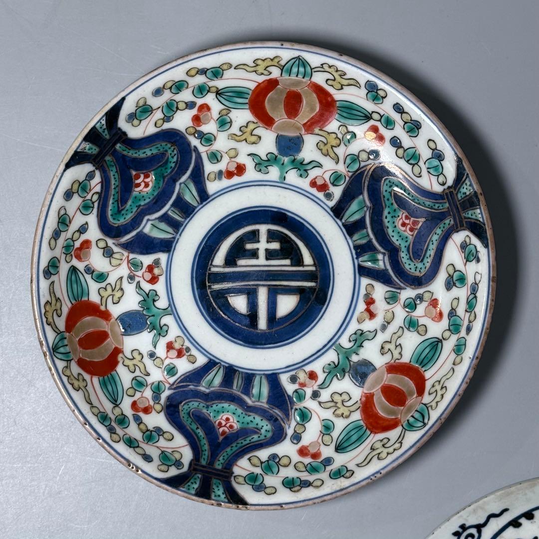 江戸時代　古伊万里　色絵三方花唐草文様皿　五枚　「太明年製」　直径17.6cm