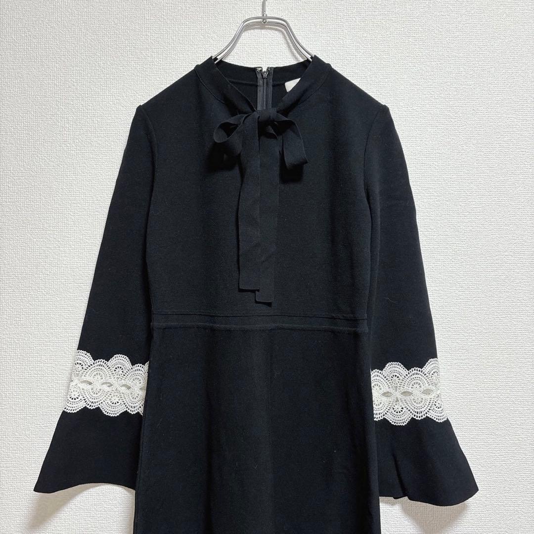 美品 EPOCA エポカ フレア袖 ワンピース 【M】ブラック レース リボン