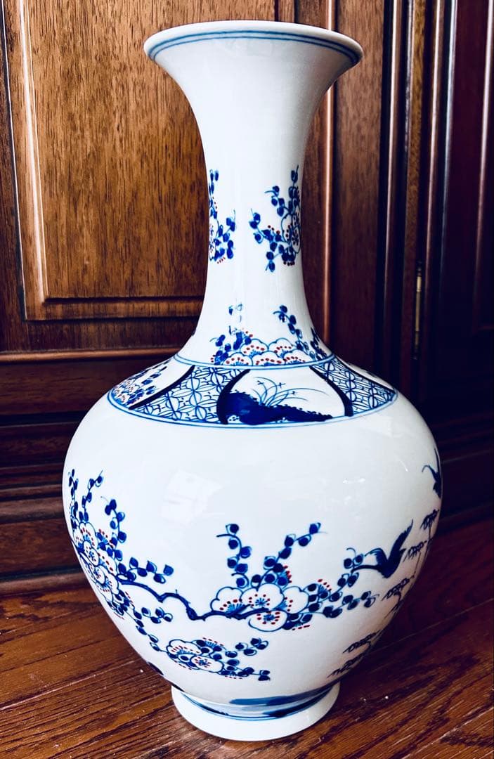 染付　岩に花鳥　花瓶　大