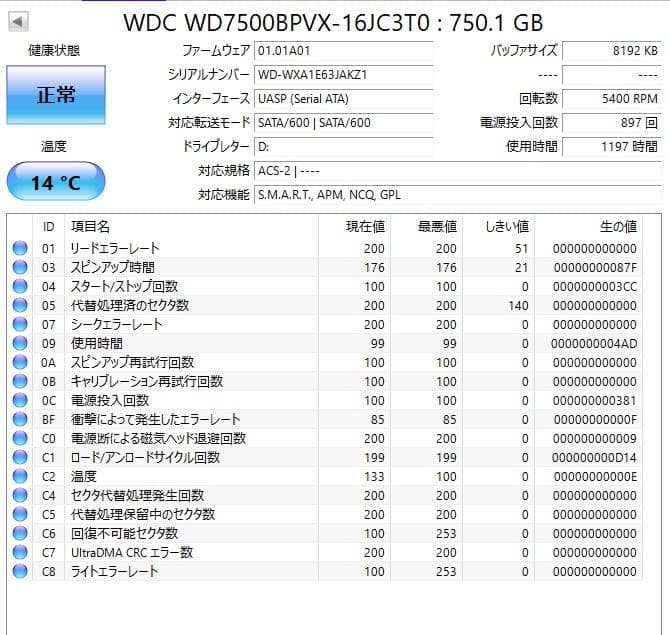 ✦動作正常✦2.5インチHDD 750GB×4 計3TB WD750 2843