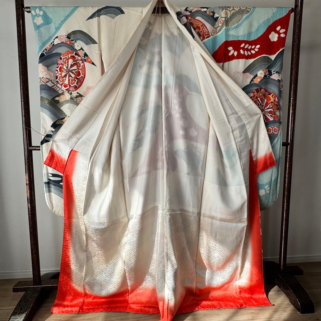美品　現代　振袖　成人式　着物　170裄176.5 白　水色　赤　絞り　トール