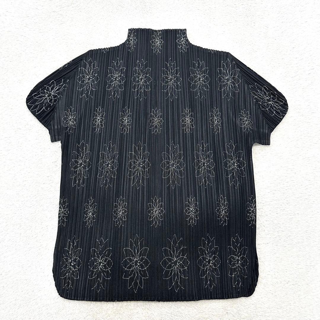 美品 PLEATS PLEASE 花柄 刺繍 ハイネック カットソー 黒 3