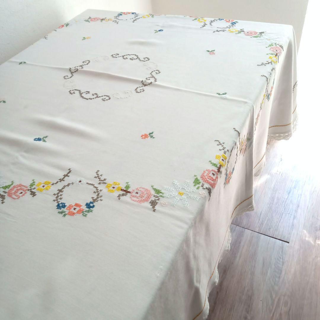 刺繍テーブルクロス／ふちレース／コットン／スウェーデン／北欧ヴィンテージ