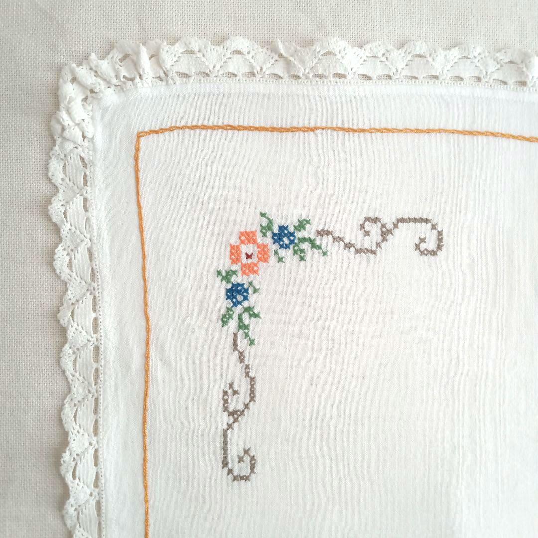 刺繍テーブルクロス／ふちレース／コットン／スウェーデン／北欧ヴィンテージ