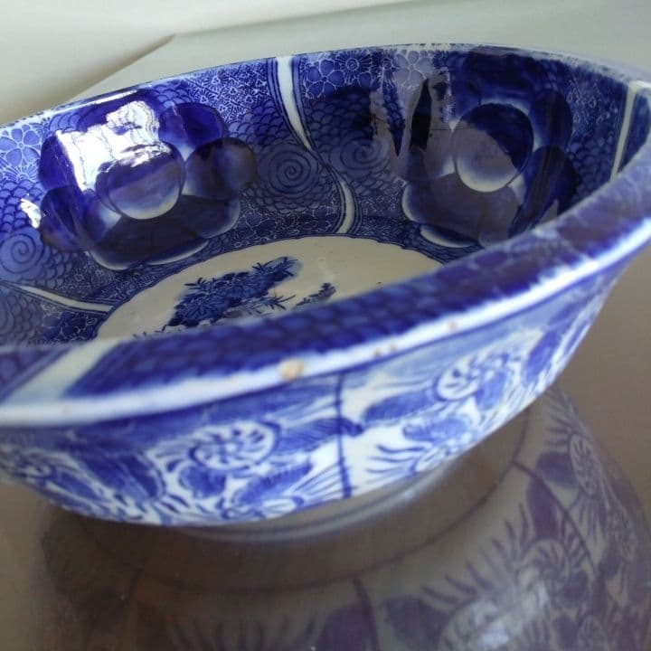 骨董 厚手藍鉢 (大鉢) 京都骨董店購入品 アンティーク ベロ藍 訳あり品です。