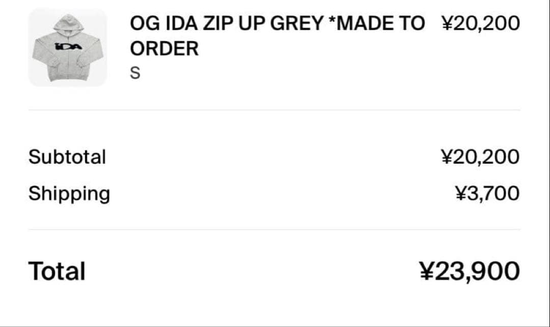 ida sply zip hoodie Sサイズ　グレー