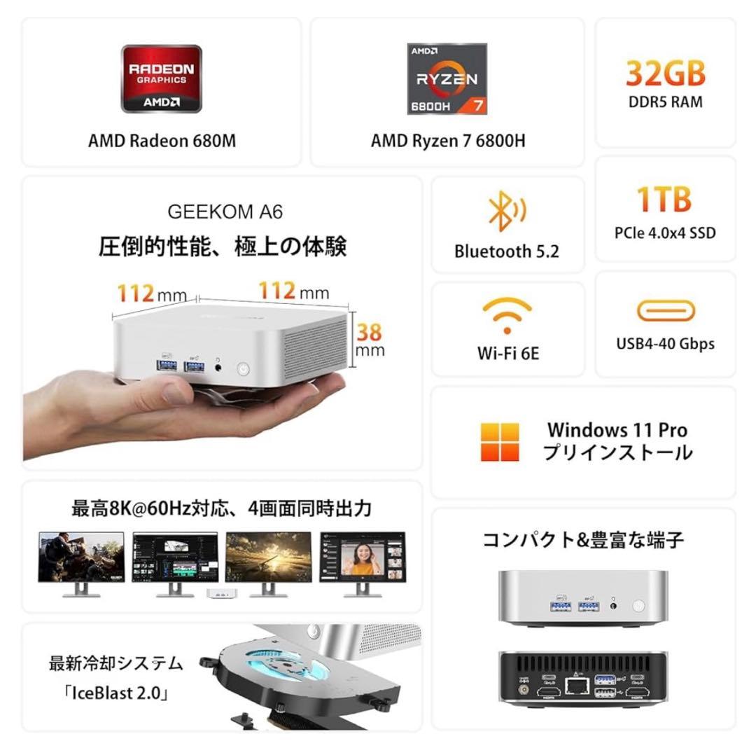 512357 GEEKOM A6ミニpc、AMD Ryzen 7 6800H搭載