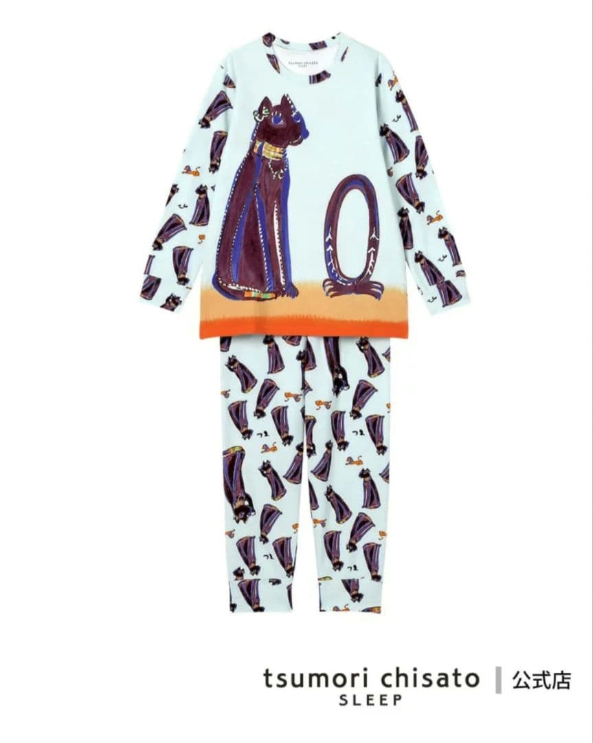 ツモリチサト スリープ パジャマ M 猫　バックプリント　ブルー　ルームウエア