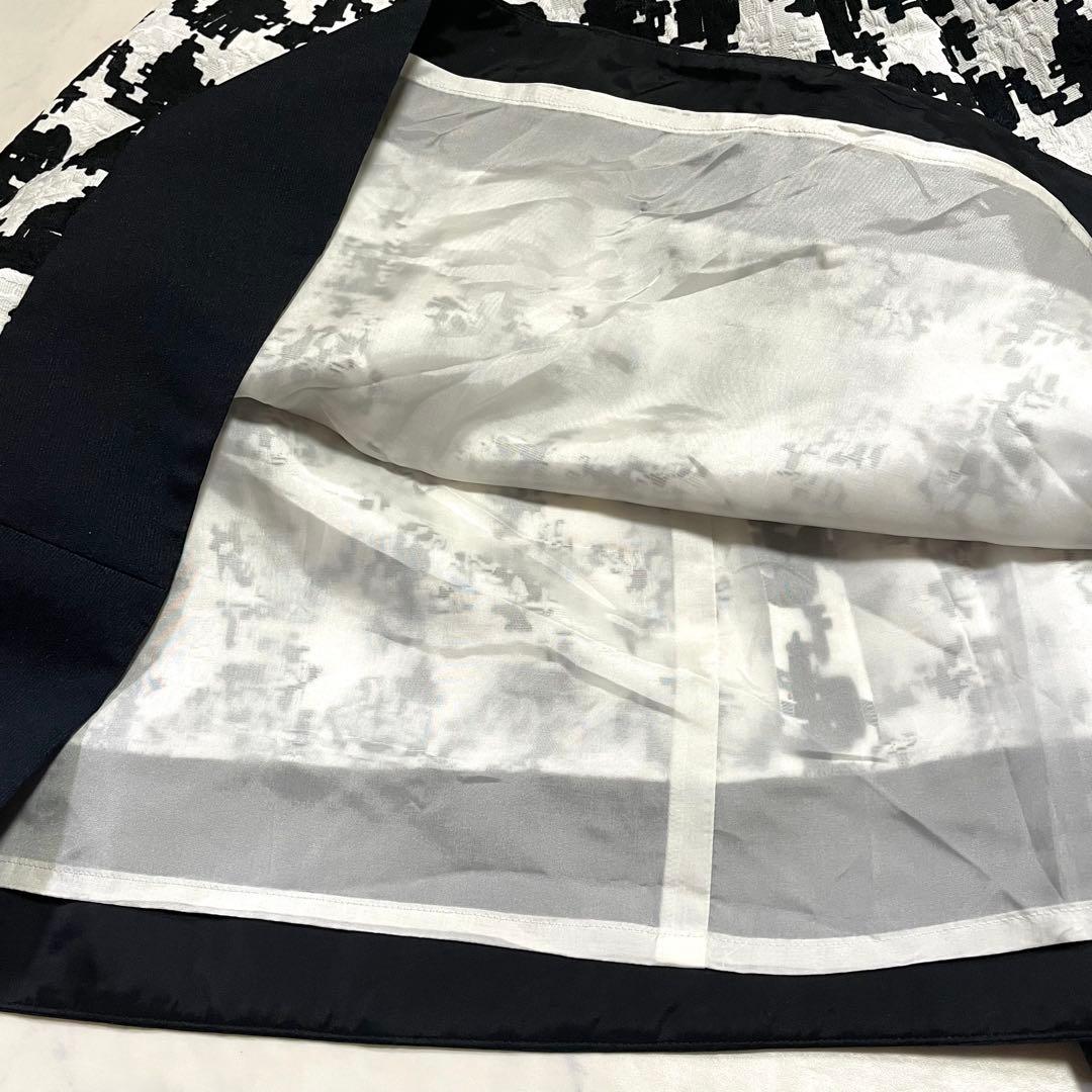 エムズグレイシー ワンピースドレスジャガード 千鳥格子 Vネック リボン 白黒