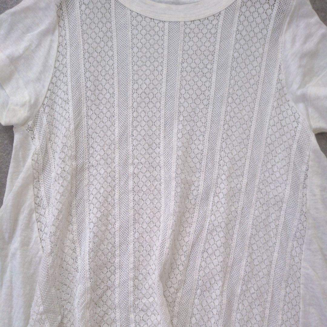 美品45R リネン100% レース 透かし編み プルオーバーカットソー Tシャツ