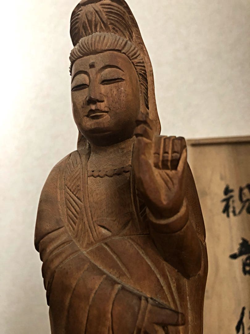 中国美術 細密木彫 観音像 雉 彫り 仏像 共箱