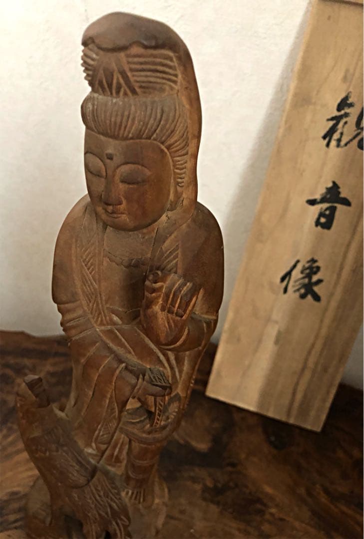 中国美術 細密木彫 観音像 雉 彫り 仏像 共箱