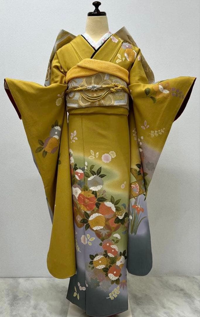 振り袖　フルセット　別誂長襦袢　山吹色　成人式　金彩加工　刺繍入り　844