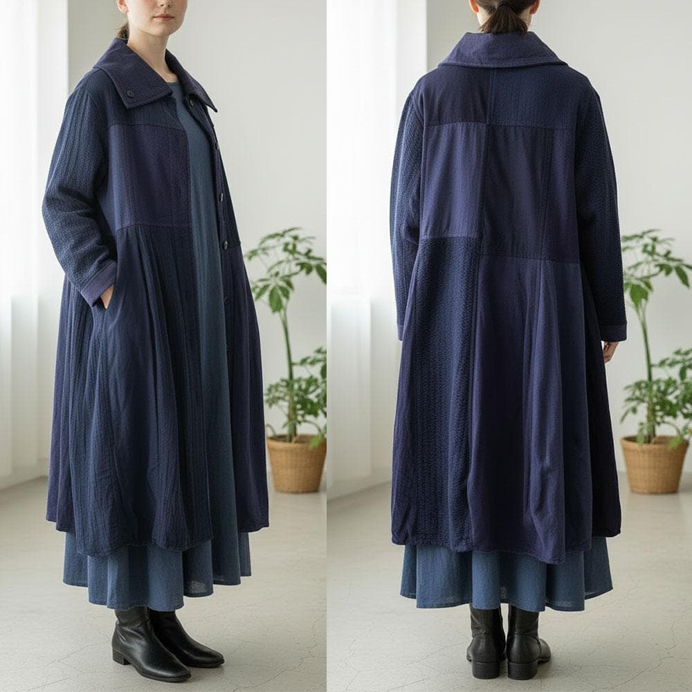 THANGEN コットン パッチワーク バルーン ロングコート インディゴ