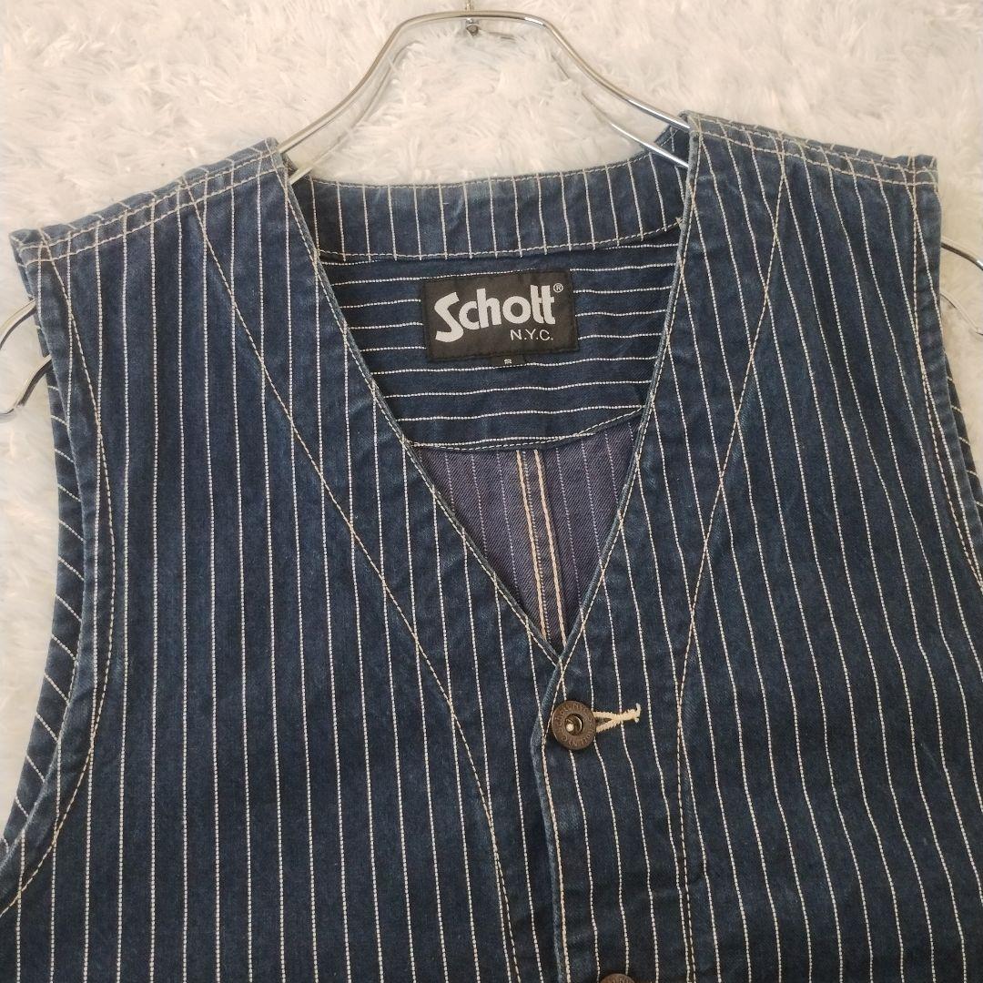 希少☆美品☆Schott　デニムベスト　ヒッコリー　ストライプ　Ｓ　青　ブルー
